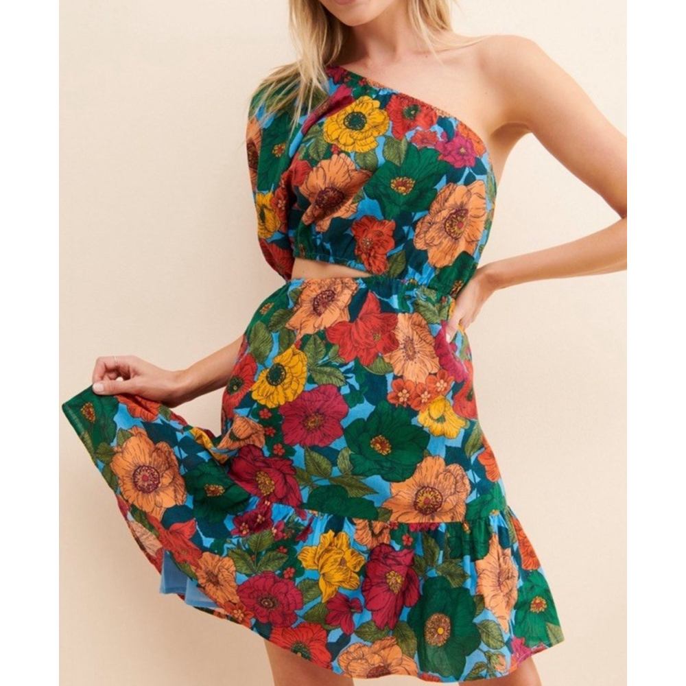 Anthropologie One-Shoulder Floral Midi Dress in Green, Yellow, Red, Blue